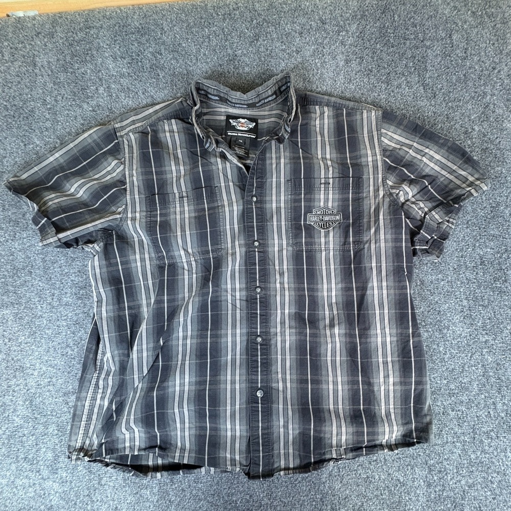 Harley-Davidson Genuine Motorclothes Shirt Mens 2XL Black Gray Plaid Button Up